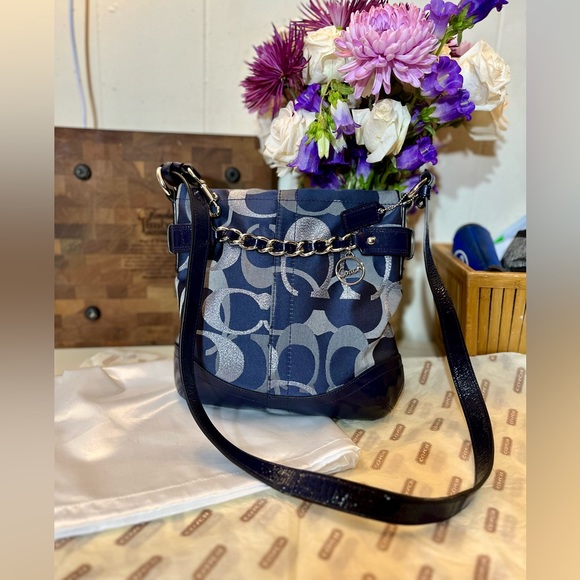 Coach F19820 Moto Op Art Navy Metallic Duffle Crossbody with Chain & Coach charm - Picture 1 of 11